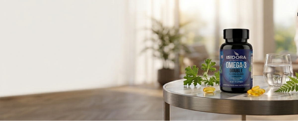 A bottle of KIDICUA Omega-3 wellness supplement sits on a round metal table in a bright, modern living room setting, alongside a glass of water, green herbs, and yellow capsules. Text on the right reads 'EVERYDAY OMEGA-3 WELLNESS'.