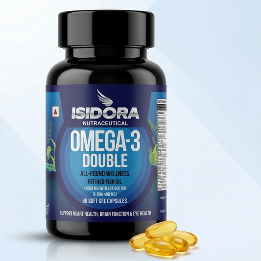 A bottle of Isidora Nutraceteural Omega-3 Double dietary supplement capsules, shown with several translucent yellow soft gel capsules in the foreground on a stylized blue and white geometric background.